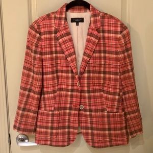 Talbots Coral Plaid Blazer with 3/4 Sleeves
